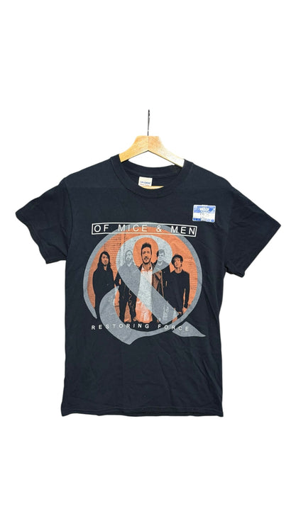 OutOf10 black Of Mice & Men Restoring Force graphic cotton band t-shirt with crew neck on a wooden hanger