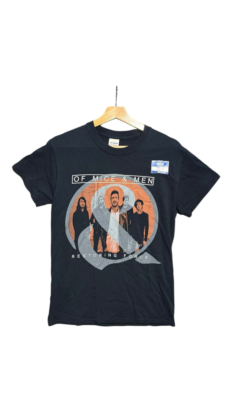 OutOf10 black Of Mice & Men Restoring Force graphic cotton band t-shirt with crew neck on a wooden hanger