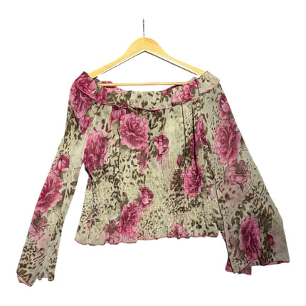 OutOf10 off-shoulder blouse with pink rose floral print on leopard background, smocked bodice and flared long sleeves.
