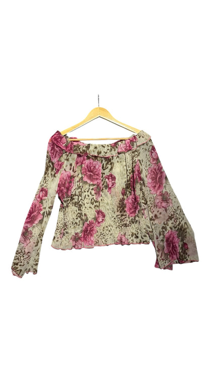 OutOf10 off-shoulder blouse with pink rose floral print on leopard background, smocked bodice and flared long sleeves.