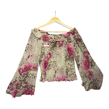 OutOf10 off-shoulder blouse with pink rose and leopard print, featuring long flared sleeves and a smocked bodice.
