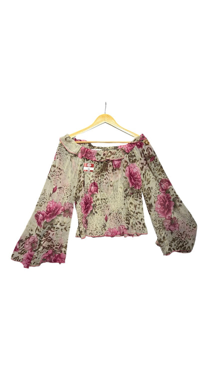 OutOf10 off-shoulder blouse with pink rose and leopard print, featuring long flared sleeves and a smocked bodice.
