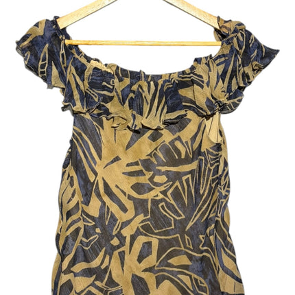 OutOf10 off-the-shoulder blouse featuring a ruffled neckline and an abstract olive green and charcoal leaf pattern.