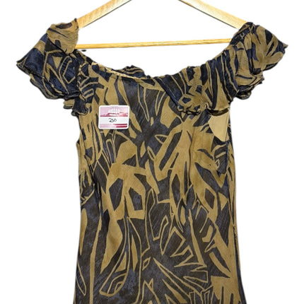 OutOf10 off-the-shoulder blouse featuring a ruffled neckline and an abstract olive green and charcoal leaf pattern.