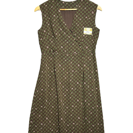 OutOf10 vintage-inspired olive brown sleeveless wrap dress with a delicate floral print and button-front detail.