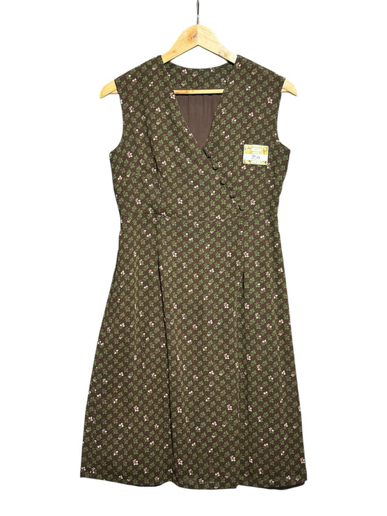 OutOf10 vintage-inspired olive brown sleeveless wrap dress with a delicate floral print and button-front detail.
