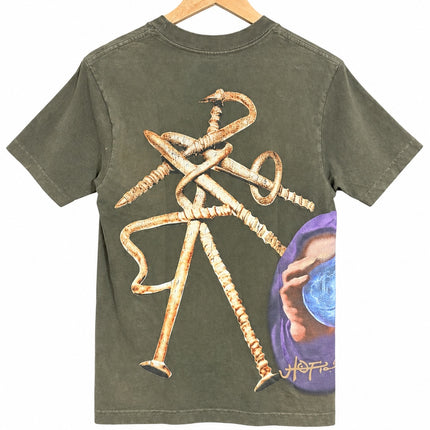 OutOf10 olive green cotton t-shirt with back graphic of metallic nails and a hooded figure holding a glowing orb.
