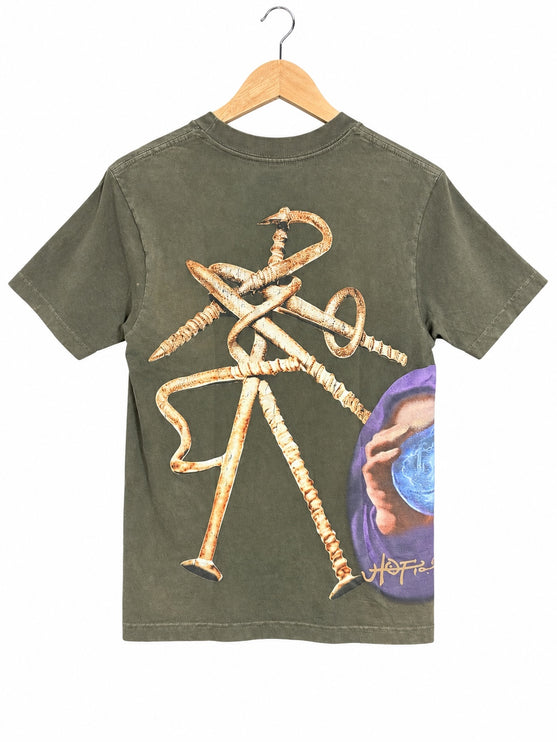 OutOf10 olive green cotton t-shirt with back graphic of metallic nails and a hooded figure holding a glowing orb.
