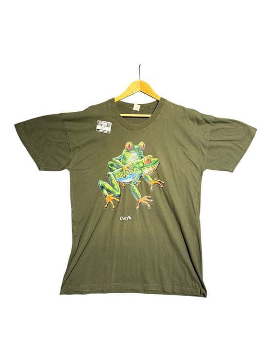 OutOf10 olive green cotton crewneck t-shirt featuring a vibrant graphic of two tree frogs and Corfu text print.