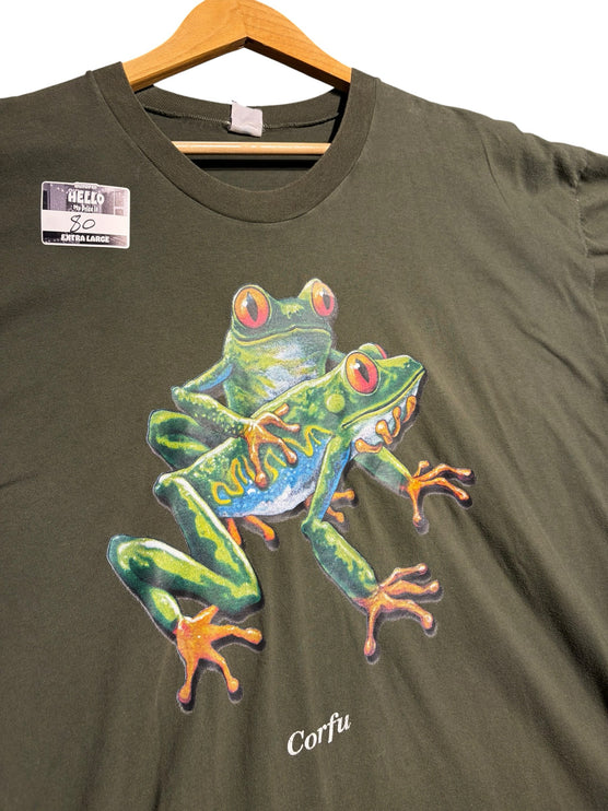 OutOf10 olive green cotton crewneck t-shirt featuring a detailed graphic of two tree frogs and Corfu text print.