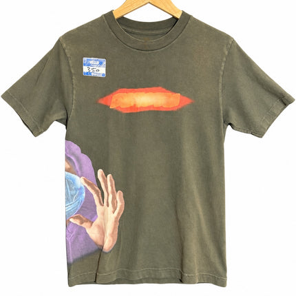 OutOf10 olive green cotton graphic t-shirt with orange chest accent and surrealist hooded figure print on front