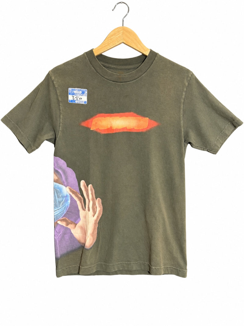 OutOf10 olive green cotton graphic t-shirt with orange chest accent and surrealist hooded figure print on front