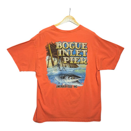 OutOf10 orange cotton t-shirt featuring a back graphic of a fish leaping near the Bogue Inlet Pier in Emerald Isle
