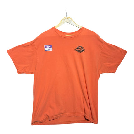OutOf10 orange cotton crewneck t-shirt with Bogue Inlet Pier logo on the chest, displayed on a wooden hanger.