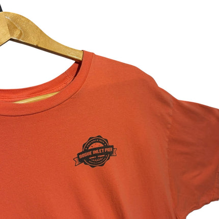 OutOf10 orange cotton crewneck t-shirt featuring a Bogue Inlet Pier logo on the chest, hanging on a wooden hanger.