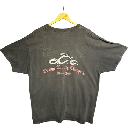 OutOf10 black cotton crewneck t-shirt with vintage Orange County Choppers pink and white motorcycle graphic on back