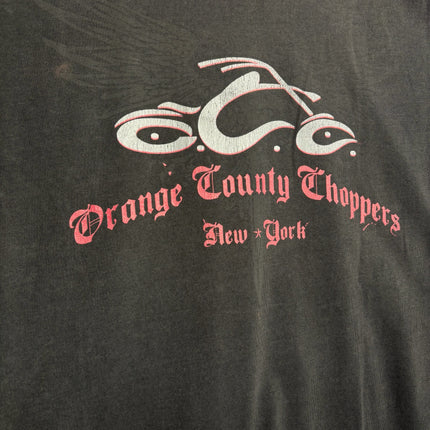 OutOf10 black cotton t-shirt featuring a vintage pink and white Orange County Choppers motorcycle graphic logo