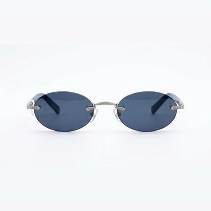 OutOf10 oval rimless sunglasses with blue lenses and engraved silver-tone metal bridge and temple detailing.