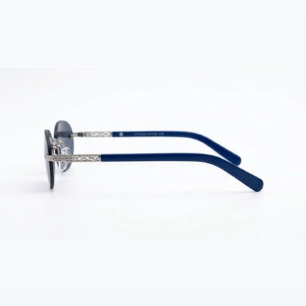 OutOf10 oval rimless sunglasses featuring silver-tone engraved metal temples and blue lenses with blue temple tips.