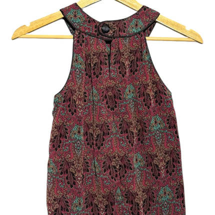 OutOf10 sleeveless halter neck blouse in a burgundy, teal, and brown paisley print with a smocked elastic hem.