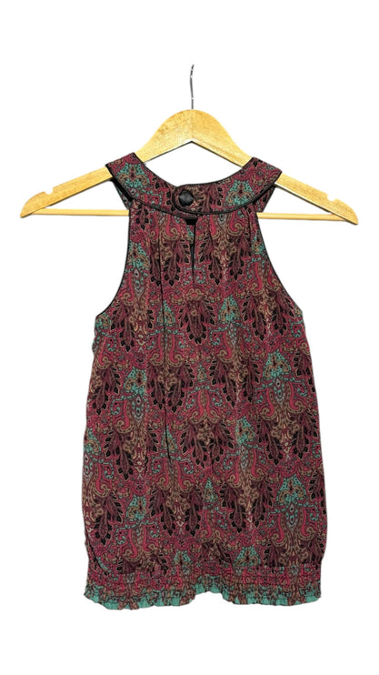 OutOf10 sleeveless halter neck blouse in a burgundy, teal, and brown paisley print with a smocked elastic hem.