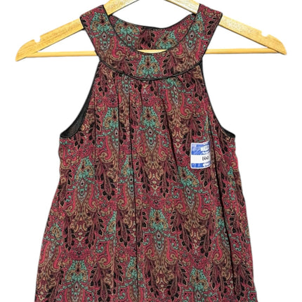OutOf10 sleeveless halter neck blouse featuring a vibrant burgundy and teal paisley print with a smocked elastic hem.