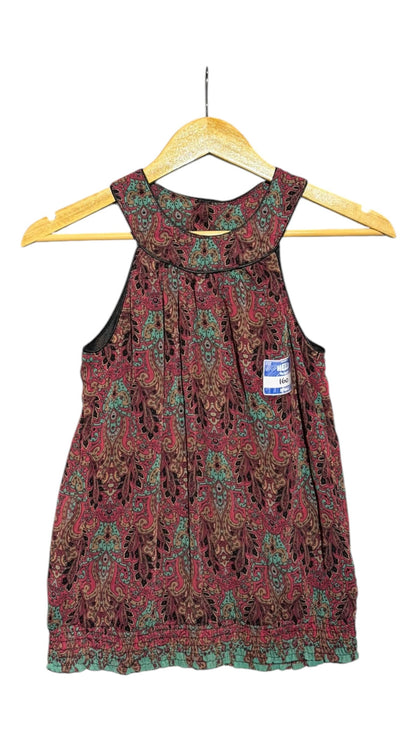 OutOf10 sleeveless halter neck blouse featuring a vibrant burgundy and teal paisley print with a smocked elastic hem.