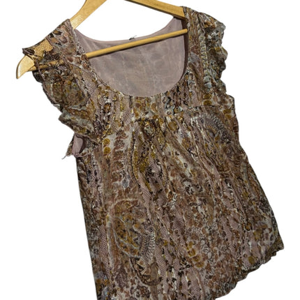 OutOf10 sleeveless blouse with a scoop neck, ruffle shoulders, and an intricate brown and gold paisley print.