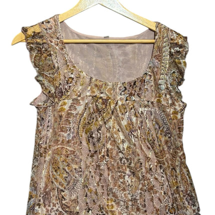 OutOf10 sleeveless blouse with a scoop neck, ruffle shoulders, and an earthy paisley print in brown and gold tones.