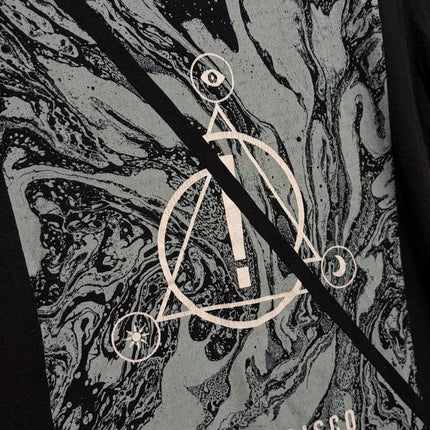 OutOf10 black cotton t-shirt featuring a grey marble-effect Panic! At The Disco graphic print with band logo