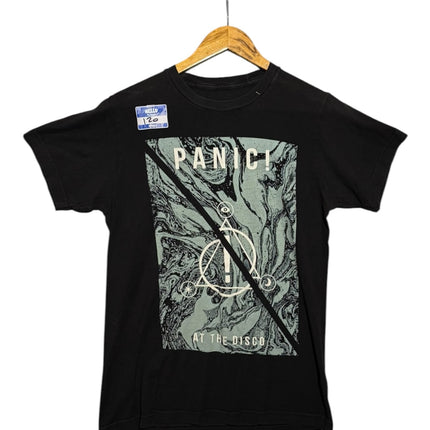 OutOf10 black cotton crewneck t-shirt featuring a grey marble Panic! At The Disco graphic print on a wooden hanger.