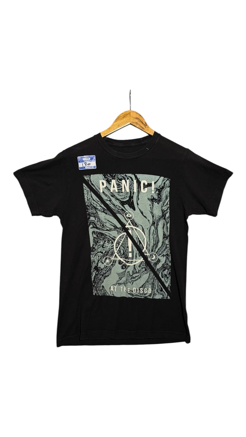OutOf10 black cotton crewneck t-shirt featuring a grey marble Panic! At The Disco graphic print on a wooden hanger.