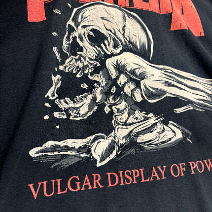 OutOf10 black cotton crewneck t-shirt featuring the iconic Pantera Vulgar Display of Power skull graphic in red