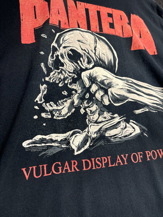 OutOf10 black cotton crewneck t-shirt featuring the iconic Pantera Vulgar Display of Power skull graphic in red
