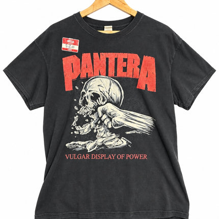 OutOf10 black cotton crewneck t-shirt featuring the iconic Pantera Vulgar Display of Power skull graphic in red