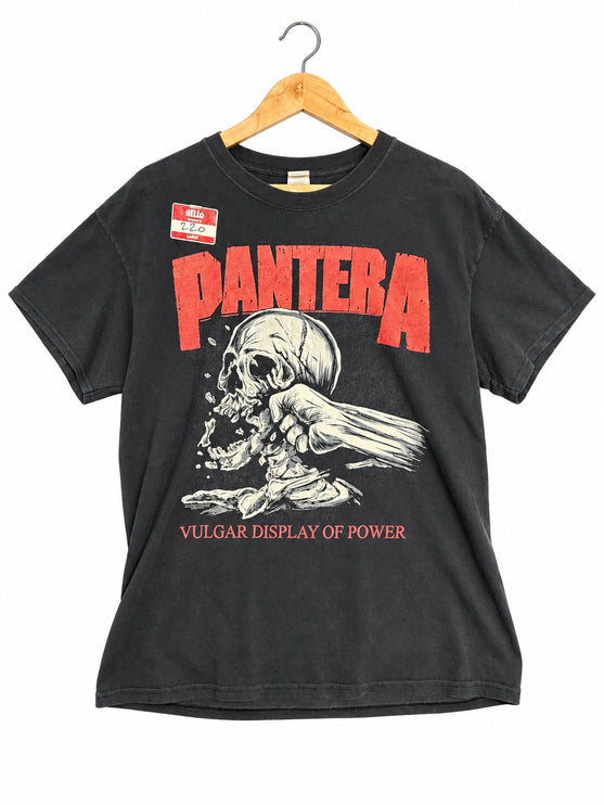 OutOf10 black cotton crewneck t-shirt featuring the iconic Pantera Vulgar Display of Power skull graphic in red