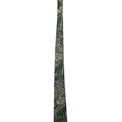 OutOf10 formal necktie featuring an abstract geometric pattern in forest green, grey, and earth tones.