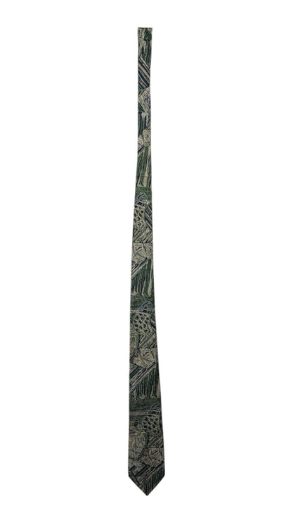 OutOf10 formal necktie featuring an abstract geometric pattern in forest green, grey, and earth tones.