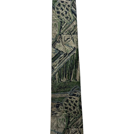 OutOf10 formal necktie featuring an abstract geometric pattern in forest green, grey, and earth tones.