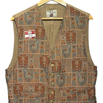 OutOf10 vintage-inspired waistcoat with a multi-coloured geometric and floral tapestry print and button-front closure.