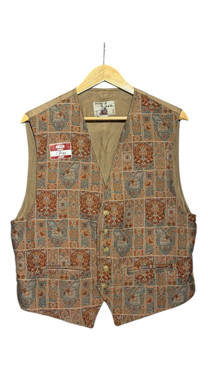 OutOf10 vintage-inspired waistcoat with a multi-coloured geometric and floral tapestry print and button-front closure.