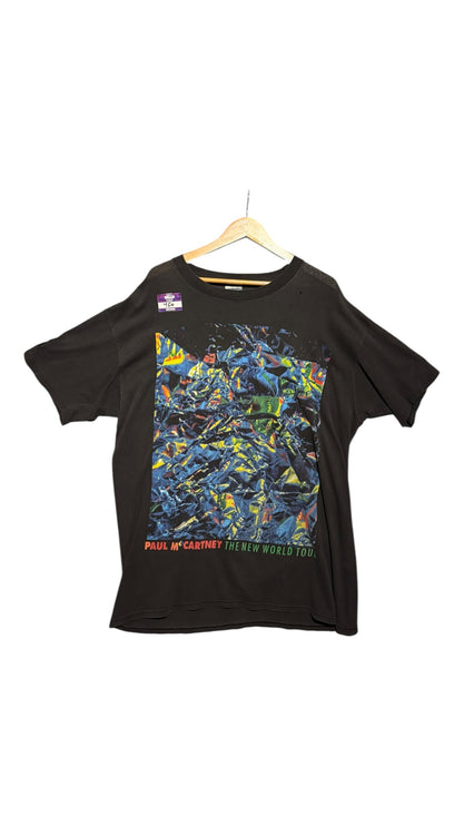 OutOf10 vintage black cotton Paul McCartney The New World Tour graphic t-shirt with a vibrant abstract print