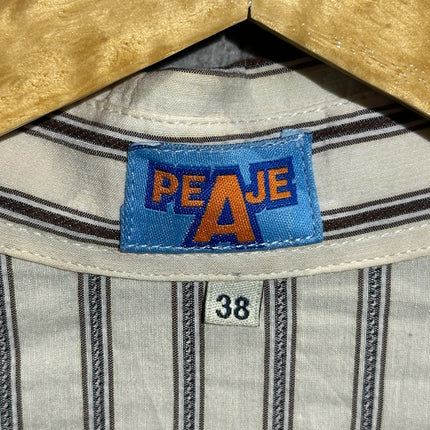 OutOf10 PEAJE long sleeve button down shirt featuring off-white fabric with brown vertical stripes and size 38 label