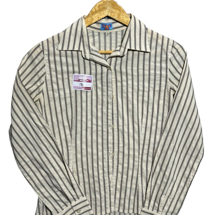 OutOf10 PEAJE long sleeve button-down shirt in off-white with vertical brown stripes and a classic point collar.