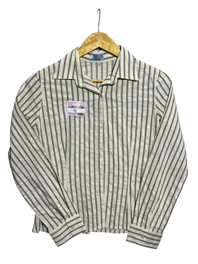 OutOf10 PEAJE long sleeve button-down shirt in off-white with vertical brown stripes and a classic point collar.