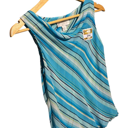 OutOf10 Petite Sophisticate sleeveless blouse with a cowl neckline and diagonal blue, teal, and white stripes.