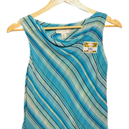 OutOf10 Petite Sophisticate sleeveless blouse with a cowl neckline and diagonal blue, teal, and white striped pattern.