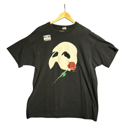 OutOf10 black cotton t-shirt featuring a Phantom of the Opera mask and red rose graphic print on a wooden hanger.