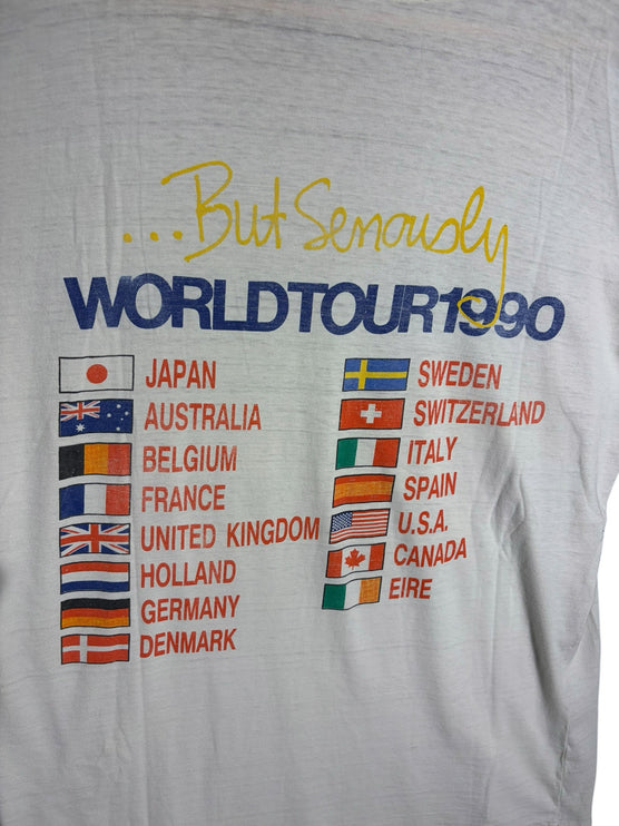 OutOf10 vintage Phil Collins 1990 World Tour t-shirt back with country list and flags on off-white cotton fabric