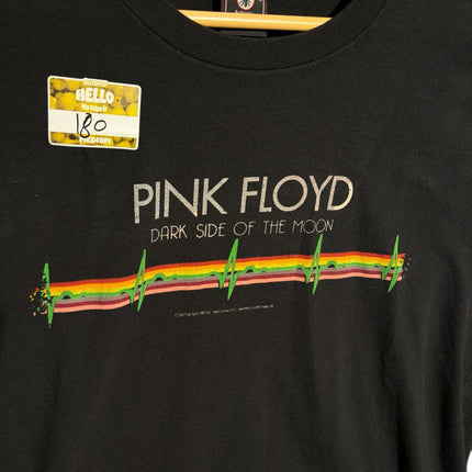 OutOf10 black cotton Pink Floyd Dark Side of the Moon graphic t-shirt with a colorful heartbeat pulse design.